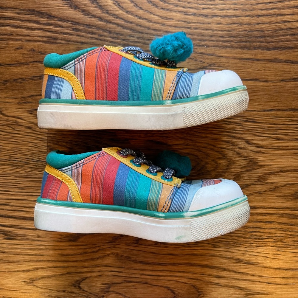 Matilda Jane Girls Teal Striped Pom Pom Sneakers Size 7 - Picture 8 of 11